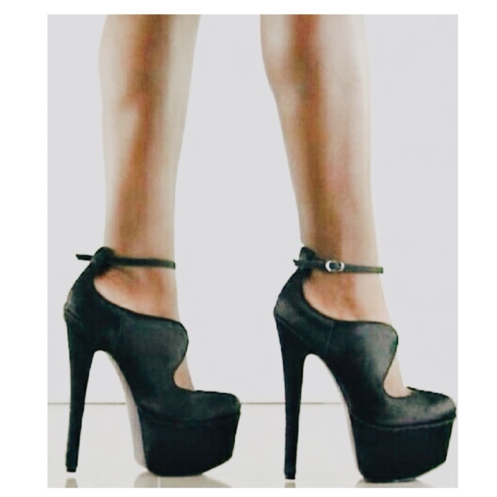 London Trash Candy Black Leather Fur Stiletto Platform Heels